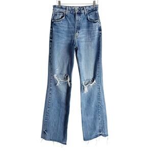 Zara Distressed Ripped High Rise Wide Leg Raw Hem Denim Blue Jeans Size 6